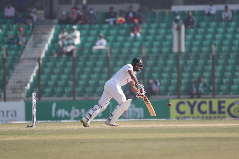 Bangladesh's Najmul Hossain Shanto plays a shot during the first Test cricket match ON day four between Bangladesh and India in Chattogram Bangladesh, Saturday, Dec. 17, 2022. (AP Photo/Surjeet Yadav)