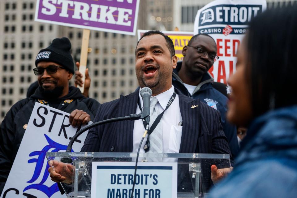Detroit City Council member at large Coleman Young II chants 'Strike City" during Detroit's March for Workers' Rights and Economic Justice at Hart Plaza in downtown Detroit on on Thursday, Oct. 19, 2023.