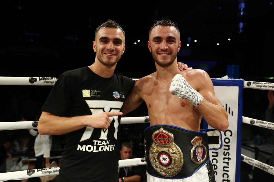 TWEED HEADS SOUTH, AUSTRALIA - MARCH 30: Jason Moloney celebrates with his brother Andrew after winning his fight against Cris Paulino during Boxing Mania 5 at the Seagulls Club on March 30, 2019 in Tweed Heads South, Australia. (Photo by Chris Hyde/Getty Images)