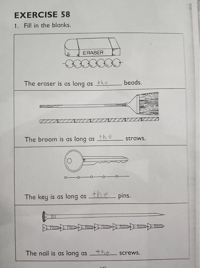 Page with four fill-in-the-blank questions comparing the lengths of eraser, broom, key, and nail to beads, straws, pins, and screws respectively