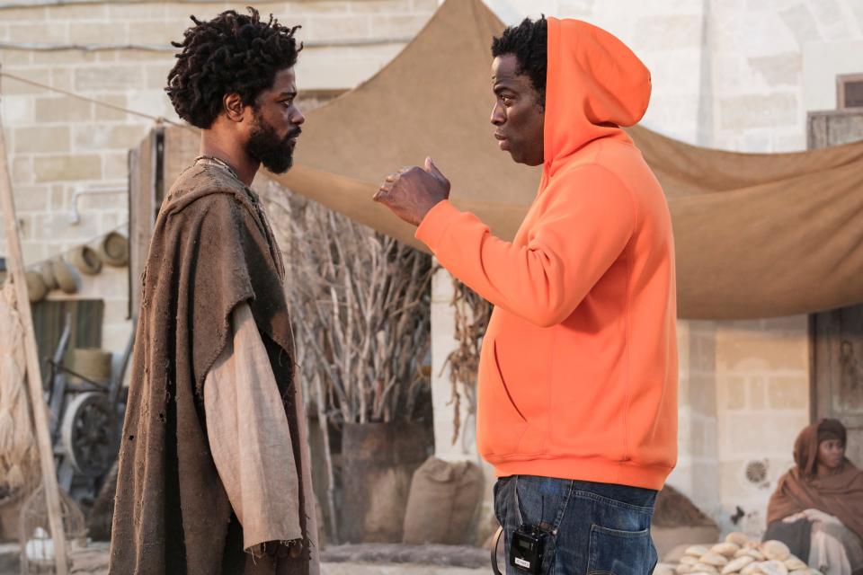 LaKeith Stanfield and Director Jeymes Samuel on the set of T*he Book of Clarence.*