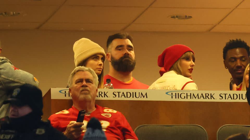 Kelce and Swift are spotted in the suite ahead of the game. - Mark J. Rebilas/USA Today Sports/Reuters