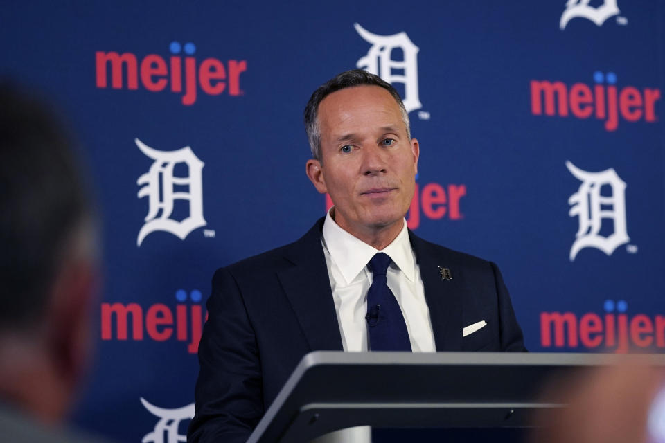 Detroit Tigers owner Chris Ilitch addresses the media on the firing of team general manager Al Avila, Wednesday, Aug. 10, 2022, in Detroit. Assistant general manager Sam Menzin takes over the day-to-day leadership role. (AP Photo/Carlos Osorio)