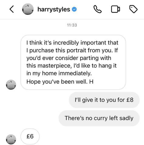 <p>Joe Lycett/Instagram</p> Joe Lycett's Instagram screenshot of a conversation he says is between himself and Harry Styles.
