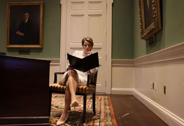 PHOTO: Massachusetts Governor-elect Maura Healey goes over her speech inside the Governors Council Chamber before the Inauguration, Jan. 5,2023, in Boston. (Jessica Rinaldi/The Boston Globe via Getty Images)