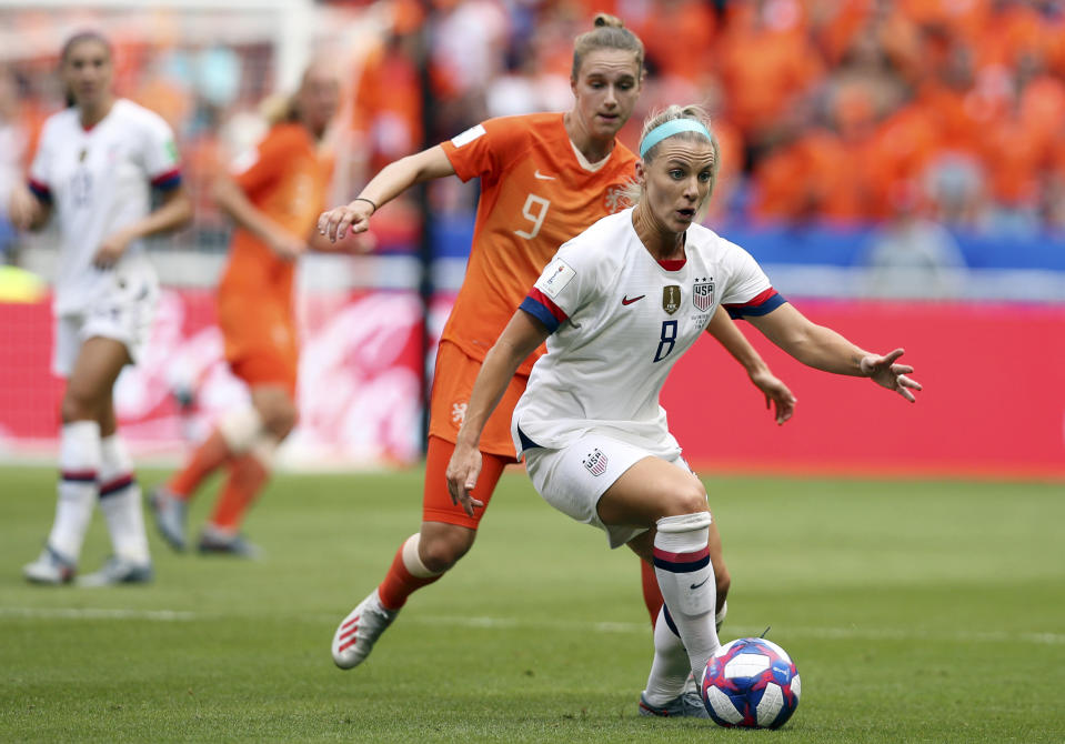 FILE - In this July 7, 2019, file photo, United States' Julie Ertz, right, controls the ball in front of Netherlands' Vivianne Miedema during the Women's World Cup final soccer match at the Stade de Lyon in Decines, outside Lyon, France. Ertz has been named the U.S. Soccer women's Player of the Year on Friday, Dec. 13, 2019, for the second time. Ertz also won the award in 2017 and she won the federation's Young Player of the Year honors in 2012. (AP Photo/Francisco Seco, File)