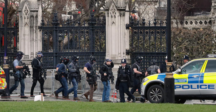 <p>Armed police officers enter the Houses of Parliament in London, Wednesday, March 23, 2017 after the House of Commons sitting was suspended as witnesses reported sounds like gunfire outside.(AP Photo/Kirsty Wigglesworth) </p>