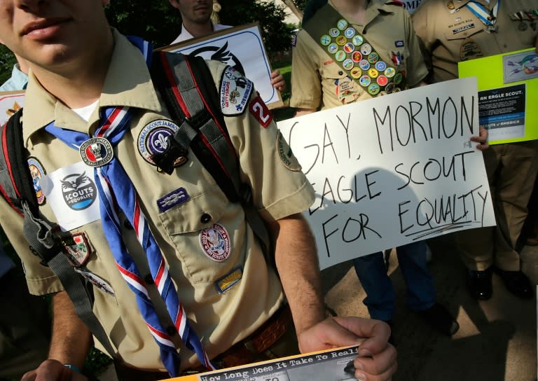 Members of Scouts for Equality hold a rally to call for inclusion for gays in the Boy Scouts of America, in Washington, DC on May 22, 2013