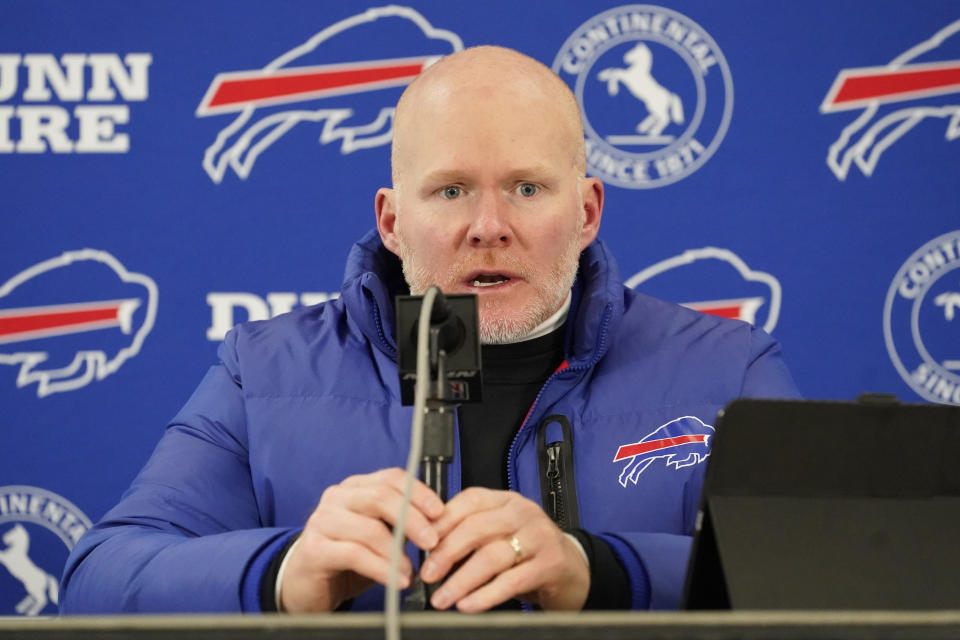 Buffalo Bills head coach Sean McDermott talks with reporters after an NFL football game against the Chicago Bears Saturday, Dec. 24, 2022, in Chicago. The Bills won 35-13 and McDermott had to tell the team they were staying one more night in Chicago because of weather in Buffalo. (AP Photo/Charles Rex Arbogast)