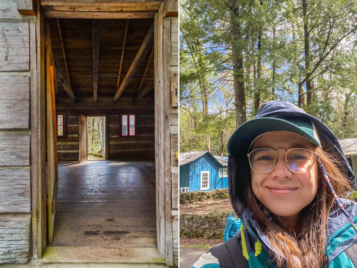Left image: An open cabin door shows the inside of the cabin and another open door at the back Right image: the author in front of a sent of cabins in the woods