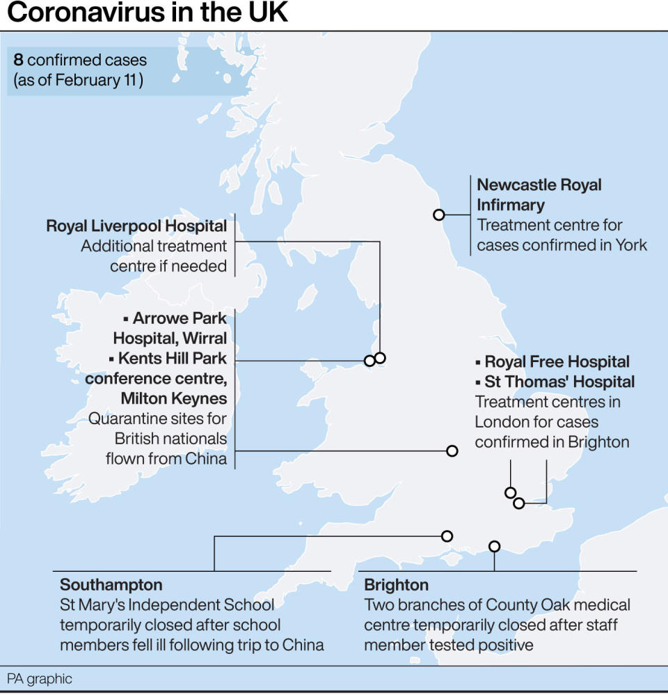 Confirmed coronavirus cases in the UK. (PA Graphics)