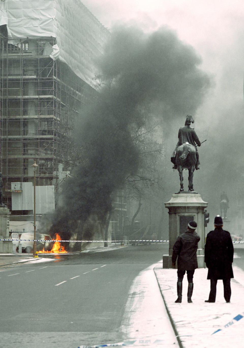 A white van burns outside the Banqueting House in Whitehall after an attempted mortar bomb attack on Downing Street.   (Photo by PA Images via Getty Images)