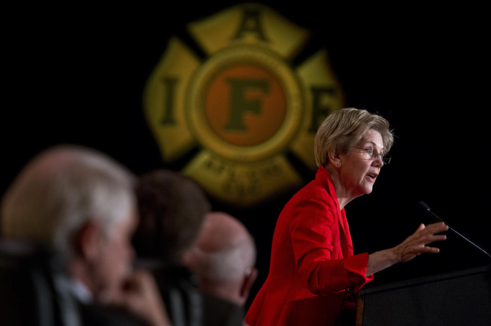 Sen. Elizabeth Warren (D-Mass.) speaks during the International Association of Fire Fighters Legislative Conference General Session at the Hyatt Regency on Capitol Hill on March 9, 2015.