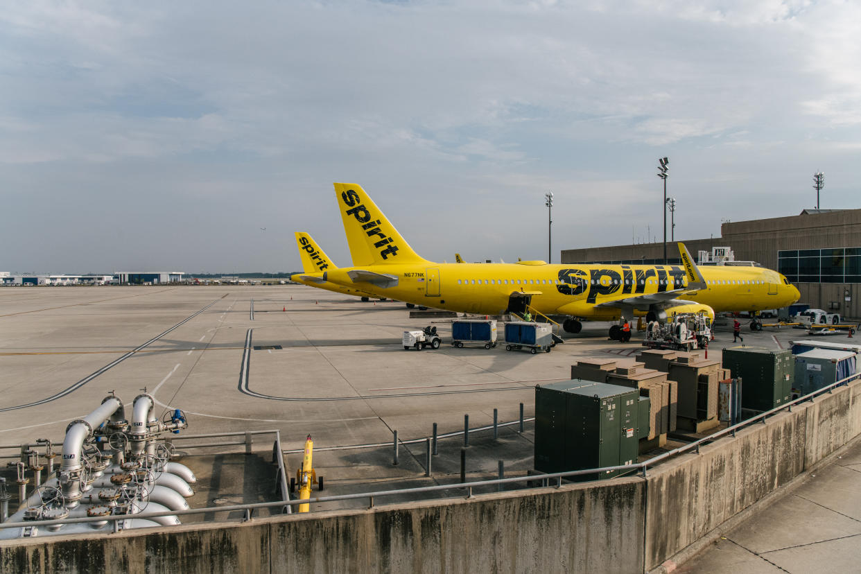 HOUSTON, TEXAS - AUGUST 05: Spirit Airlines aircrafts are shown at the George Bush Intercontinental Airport on August 05, 2021 in Houston, Texas. Spirit and American Airlines have been forced to cancel hundreds of flights in recent days as the demand for vacation and other travel plans has surged following the ramp up of Covid-19 vaccinations. Some of the cancellations come amid a weekend of storms that affected hubs for both carriers, but also a shortage of flight crews due to the ramp up in service is having an effect. (Photo by Brandon Bell/Getty Images)