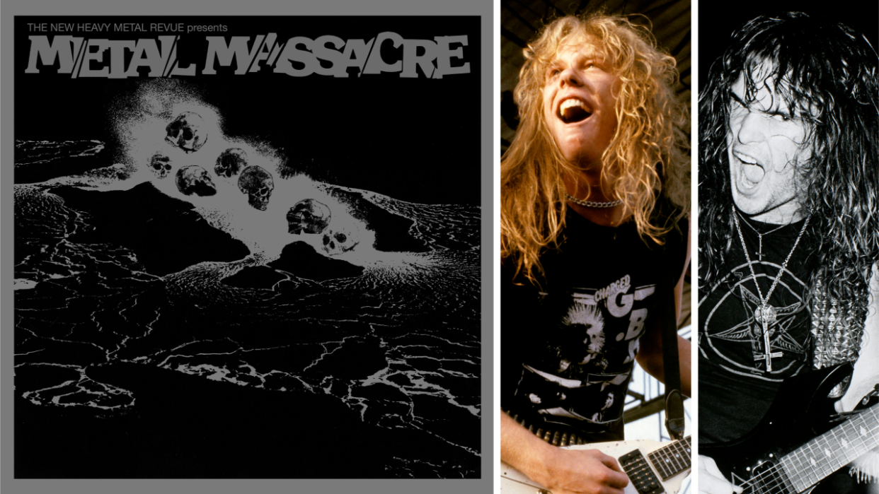  The cover of Metal Massacre next to photos of James Hetfield and Kerry King 