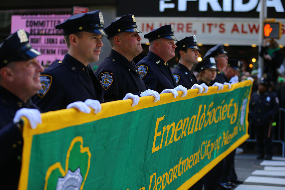 The NYPD Emerald Society Pipe and Drums march during the St. Patrick's Day Parade, March 16, 2019, in New York. (Photo: Gordon Donovan/Yahoo News)