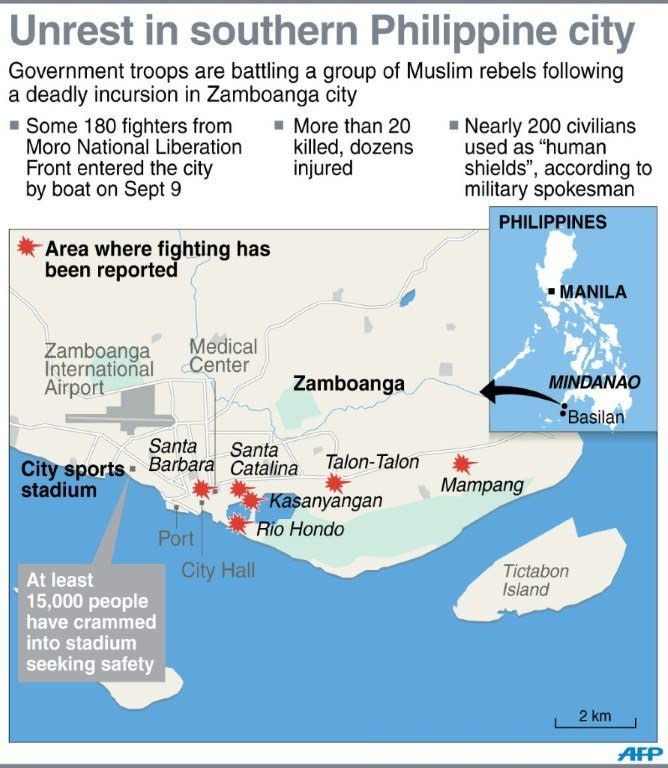 Graphic on the situation in southern Philippines where government troops are battling followers of a Muslim rebel leader opposed to peace talks
