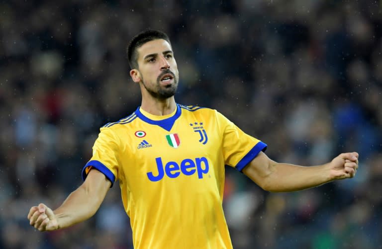 Juventus' midfielder Sami Khedira celebrates scoring his team's fourth goal during the Italian Serie A football match against Udinese at the Friuli stadium in Udine on October 22, 2017