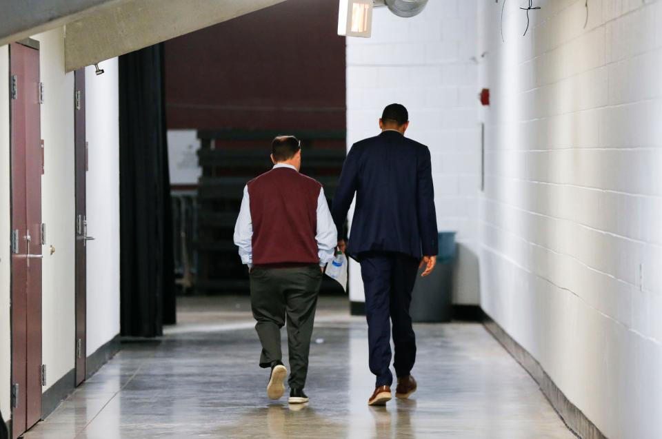 Missouri State Athletic Director Kyle Moats and Head Coach Dana Ford walk from the post game press conference after a 77-53 loss to the Murray State Racers at Great Southern Bank Arena on Wednesday, Jan. 10, 2024.