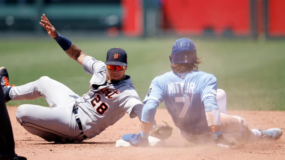 Kansas City Royals' Bobby Witt Jr. (7) steals second base as Detroit Tigers shortstop Javier Baez (28) is late with the tag during the sixth inning of a baseball game in Kansas City, Mo., Monday, July 11, 2022.