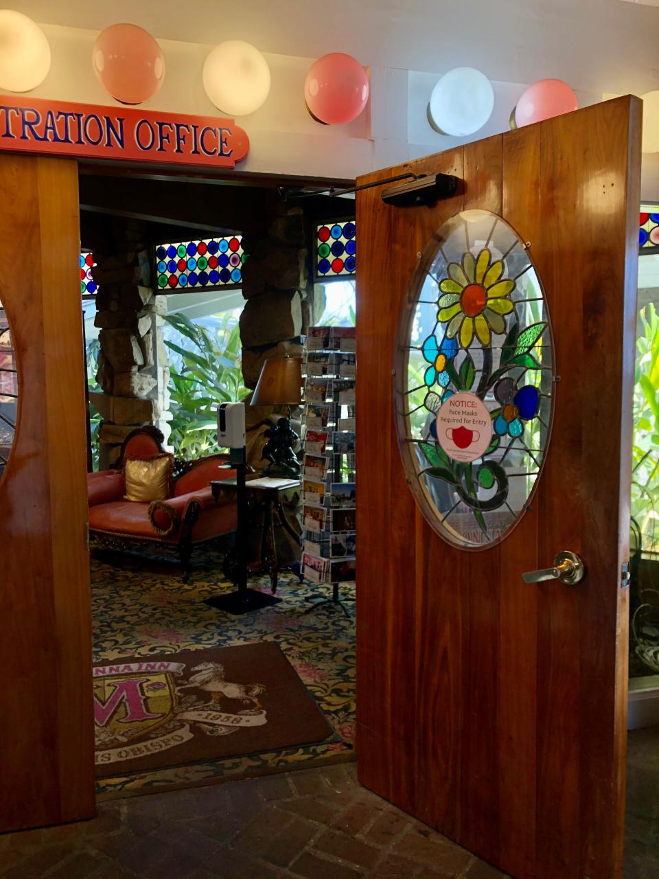 Registration Room and Stained Glass Decor madonna inn