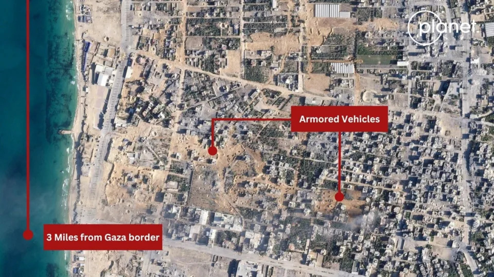 PHOTO: Armored vehicles and tank tracks visible in satellite imagery of Gaza (Planet Labs PBC / Canva)