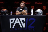 FILE - Oregon State coach Jonathan Smith speaks during Pac-12 Conference NCAA college football media day on July 29, 2022, in Los Angeles. Oregon State has made steady progress since Smith took over. His first season in 2018 Oregon State went 2-10. Last season the Beavers finished 7-6 for their first winning record in eight seasons. (AP Photo/Damian Dovarganes, File)