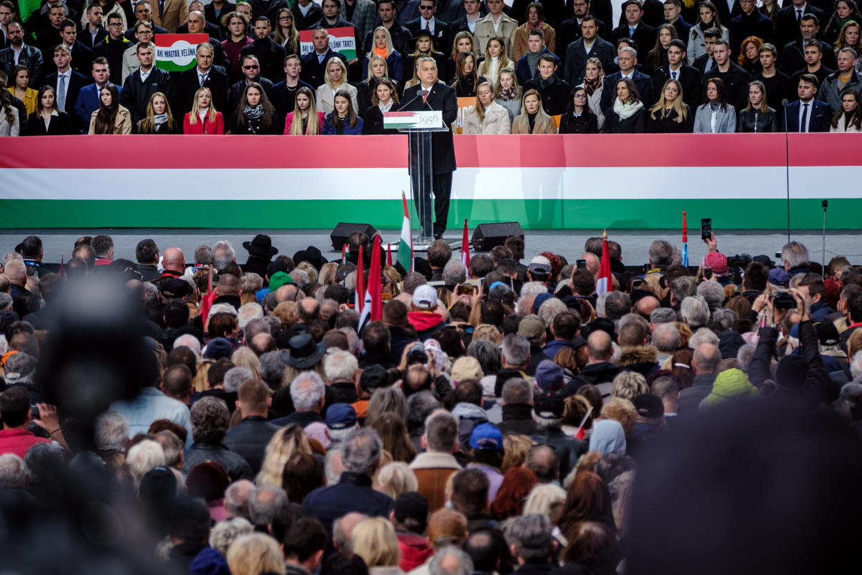 Orbán speaks before a huge crowd at a rally.