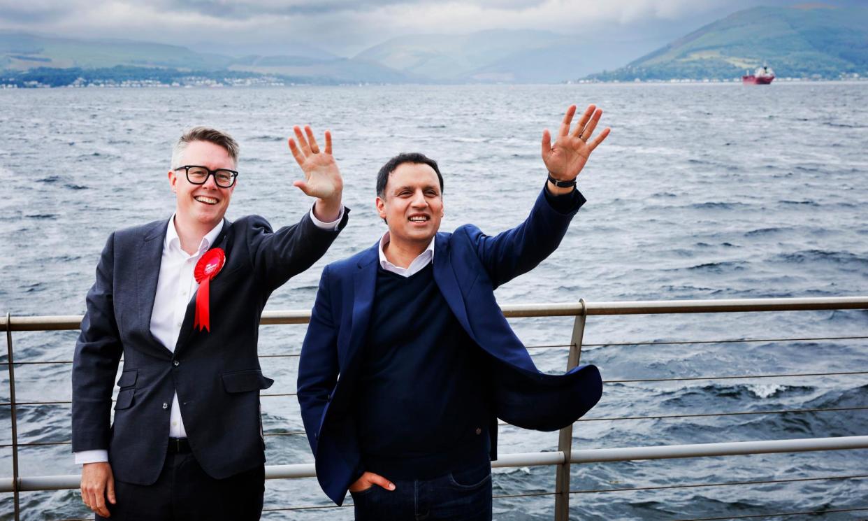 <span>Scottish Labour leader, Anas Sarwar (right), takes Labour’s campaign to bellwether seat Inverclyde, accompanied by local candidate Martin McCluskey.</span><span>Photograph: Murdo MacLeod/The Guardian</span>