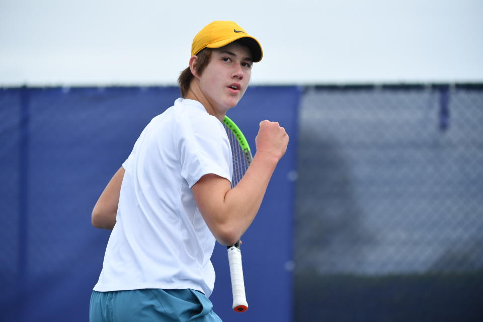 Oliver Bonding during his match against Henry Jefferson during the U16 Junior National Tennis Championships at National Tennis Centre on April 12, 2022 in London, England. (Photo by Tom Dulat/Getty Images for LTA)