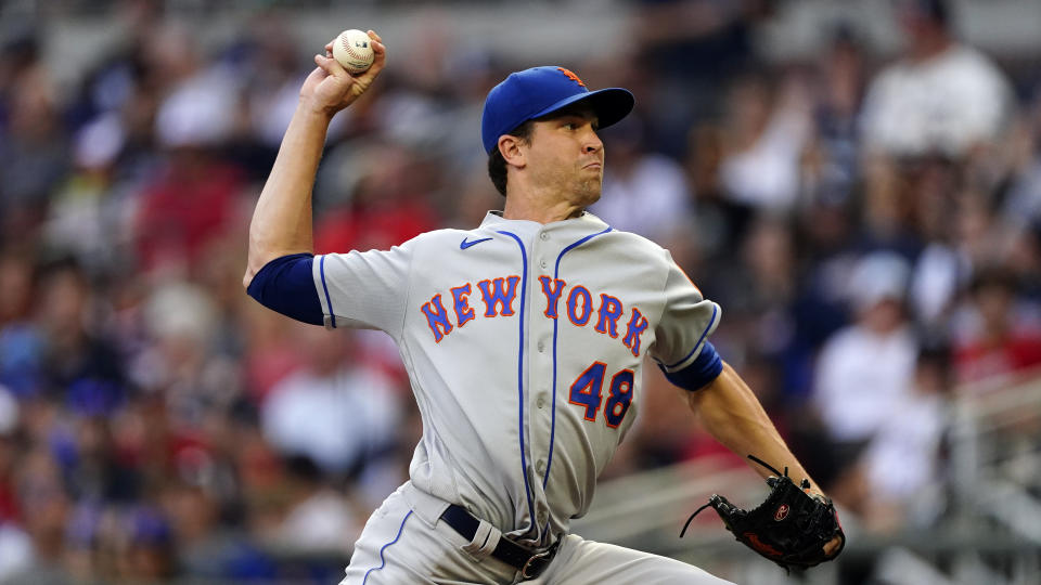 New York Mets starting pitcher Jacob deGrom (48) is shown against the Atlanta Braves during a baseball game Thursday, July 1, 2021, in Atlanta. (AP Photo/John Bazemore)