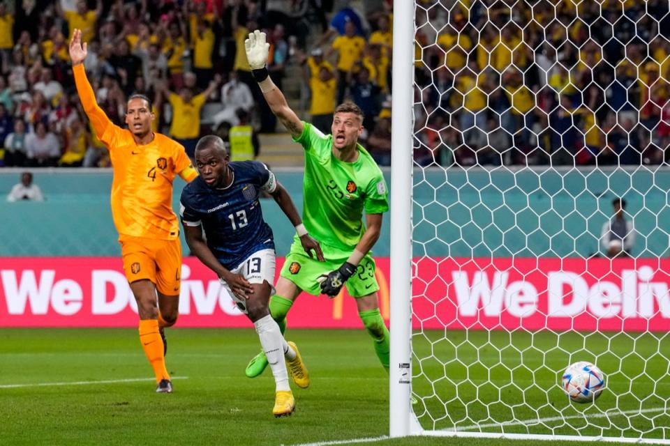 Ecuador’s Enner Valencia celebrates his equaliser against the Netherlands (Natacha Pisarenko/AP). (AP)