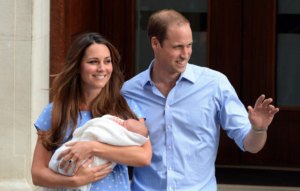 The Duke and Duchess of Cambridge&nbsp;posed for initial public photos of their first child, Prince George, after he was born on July 22, 2013. Many observers saw the duchess' dotted dress as a nod to Diana's outfit after&nbsp;she gave birth to William.