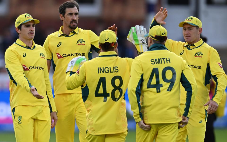 Mitchell Starc of Australia (second from left) celebrates with team-mates after dismissing Harry Brook of England only for the decision to be reversed on review during the fouth Metro Bank ODI between England and Australia at Lord's Cricket Ground on September 27, 2024 in London, England