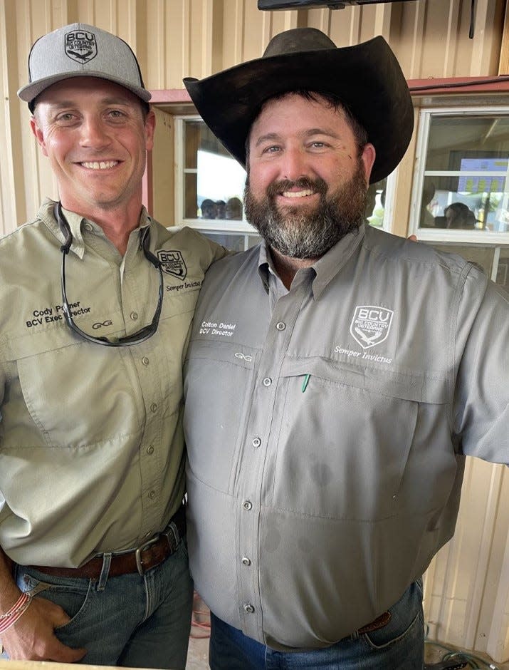 Cody Palmer of Fort Worth and Colton Daniel, one of the owners of the Circle Bar Ranch serve on the Big Country Veterans Weekend Board and helped plan a weekend full of activities for wounded combat veterans April 20-23 at the Circle Bar Ranch in Truscott.