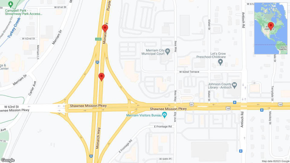 A detailed map that shows the affected road due to 'Broken down vehicle on northbound I-35 in Merriam' on September 18th at 6:08 p.m.