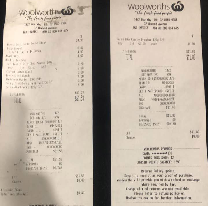 Two Woolworths receipts are pictured.