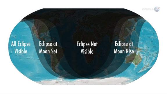 This map shows areas of visibility around the world for the partial lunar eclipse on June 4, 2012.