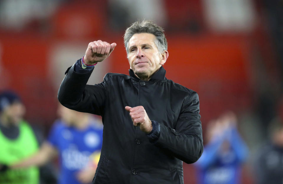 Leicester City Manager Claude Puel acknowledges the fans after the match against Southampton during their English Premier League soccer match at St Mary’s Stadium in Southampton, England, Wednesday Dec. 13, 2017. (Adam Davy/PA via AP)