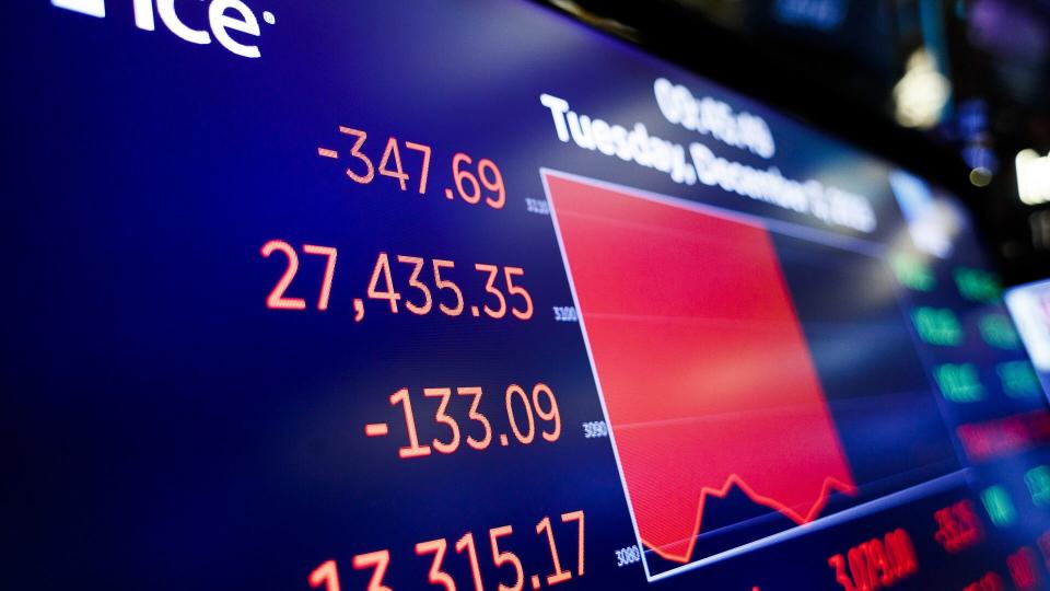 Mandatory Credit: Photo by JUSTIN LANE/EPA-EFE/Shutterstock (10490749f)A board showing the Dow Jones industrial average on the floor of the New York Stock Exchange at the start of the trading day in New York, New York, USA, 03 December 2019.