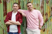 Gay married couple Dawid Mycek and Jakub Kwiecinski pose for a photograph in Hel
