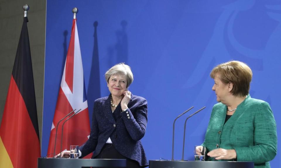 Theresa May and Angela Merkel speak in Berlin on 16 February 2018