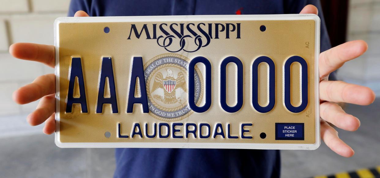 Mississippi's standard license plate was unveiled in 2018 and released for use in 2019. It displays the state seal that includes the phrase, "In God We Trust."