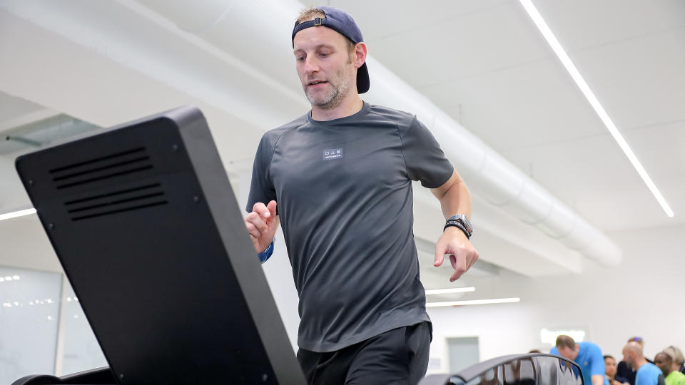 The author running on the world's first 3D-motion treadmill, the Reaxing Reax Run