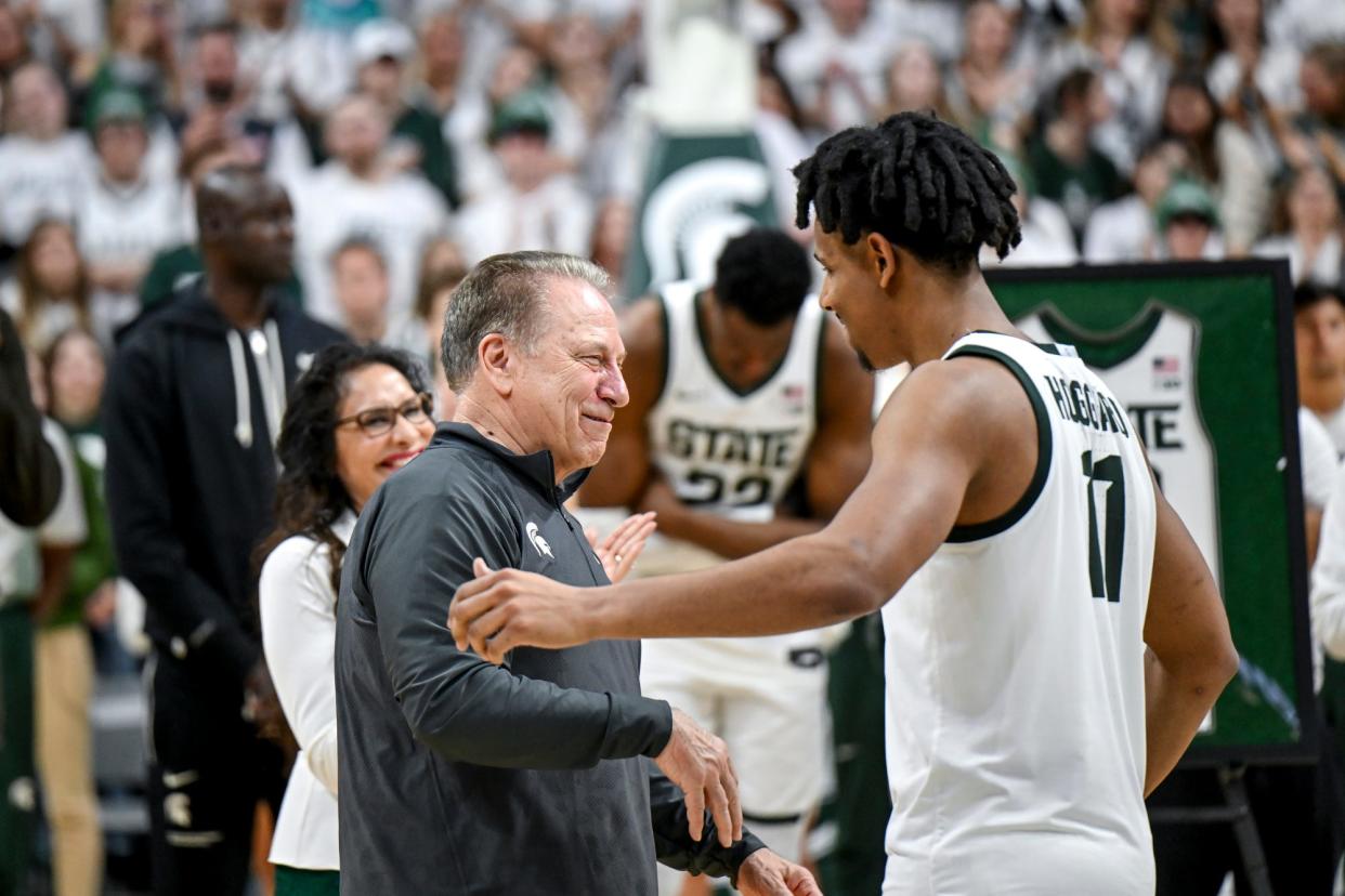 Michigan State's head coach Tom Izzo, left, hugs A.J. Hoggard during the senior night celebration after the game against Northwestern on Wednesday, March 6, 2024, at the Breslin Center in East Lansing.