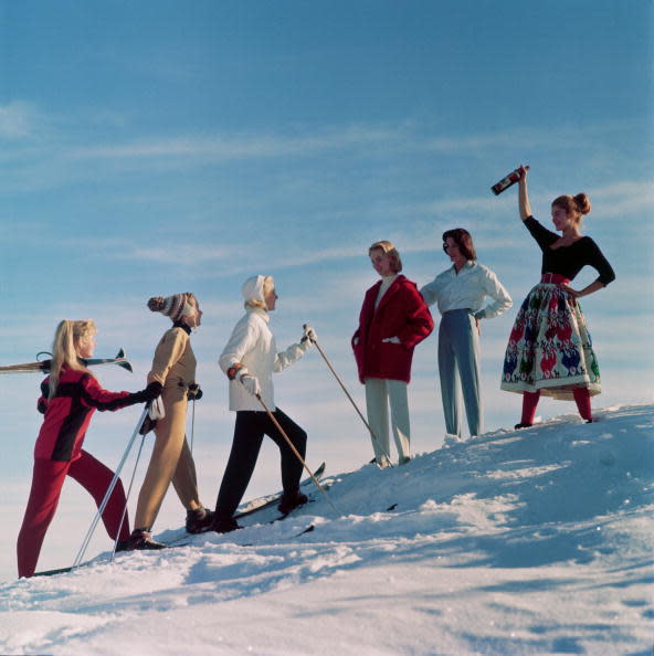 <p>A party of young women gear up for an après ski fit to combat the cold in January 1955.</p>