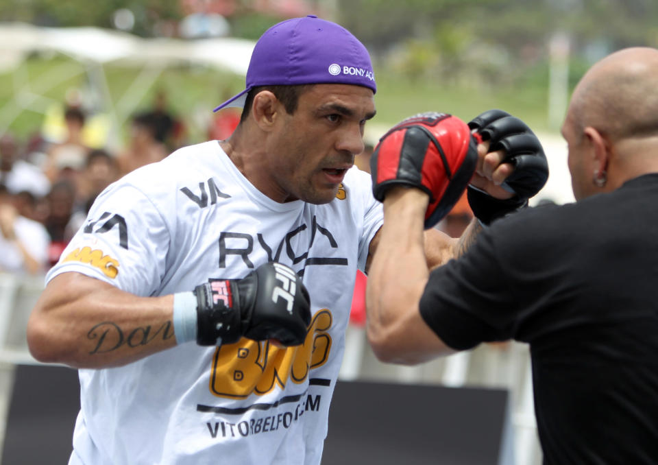 FILE - RIO DE JANEIRO, BRAZIL - JANUARY 11: Vitor Belfort works out for the media and fans during the UFC 142 Open Workouts at Barra de Tijuca Beach on January 11, 2012 in Rio de Janeiro, Brazil. (Photo by Josh Hedges/Zuffa LLC/Zuffa LLC via Getty Images)