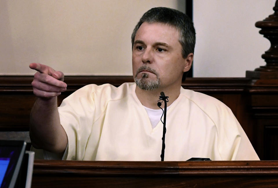 FILE - Jason Autry identifies Zachery Adams during his testimony on day four of Adams' murder trial, Sept. 14, 2017, in Savannah, Tenn. Autry, a Tennessee man who was granted his freedom after providing key trial testimony in the case of slain nursing student Holly Bobo, has been sentenced to 19 years in federal prison on unrelated federal weapons charges, authorities said Tuesday, June 25, 2024. (Kenneth Cummings/The Jackson Sun via AP, Pool, File)