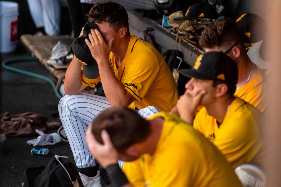 Southern Miss reacts after losing their chance at going to the College World Series during the Super Regionals Final at Pete Taylor Park in Hattiesburg on Sunday, June 12, 2022.