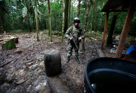 A Colombian anti-narcotics policeman guard a cocaine lab, which, according to the police, belongs to criminal gangs in rural area of Calamar in Guaviare state, Colombia, August 2, 2016. REUTERS/John Vizcaino